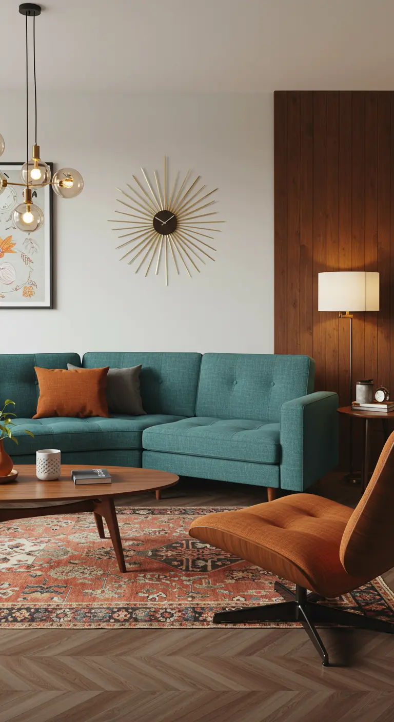 Blauwgroene hoekbank in Mid-Century stijl met houten wandpaneel en oranje fauteuil.