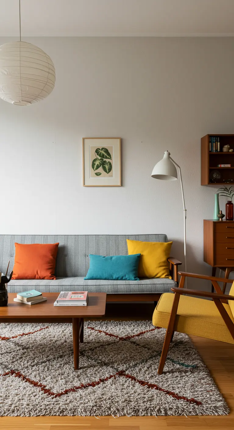 Mid-century modern zithoek met kleurrijke kussens en een grafisch vloerkleed.