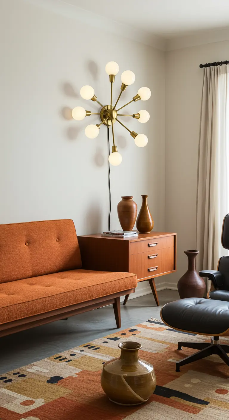 Mid-century modern interieur met oranje bank en een goudkleurige Sputnik-stijl wandlamp.