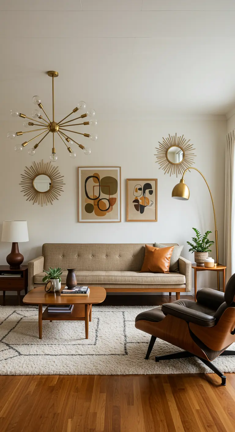 Mid-century woonkamer met beige bank, houten meubels en messing lampen.