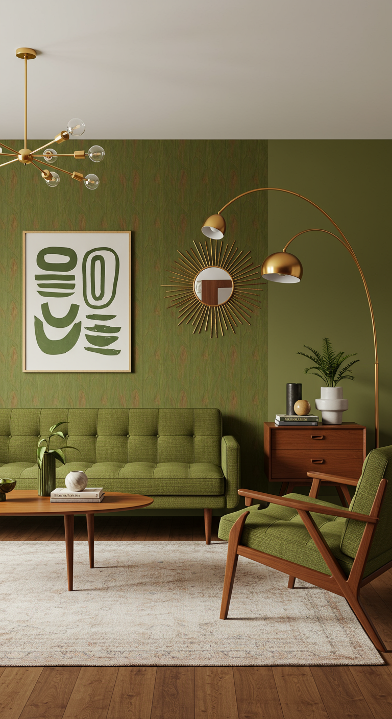 Mid-century woonkamer met olijfgroen behang, bank en messing accenten.