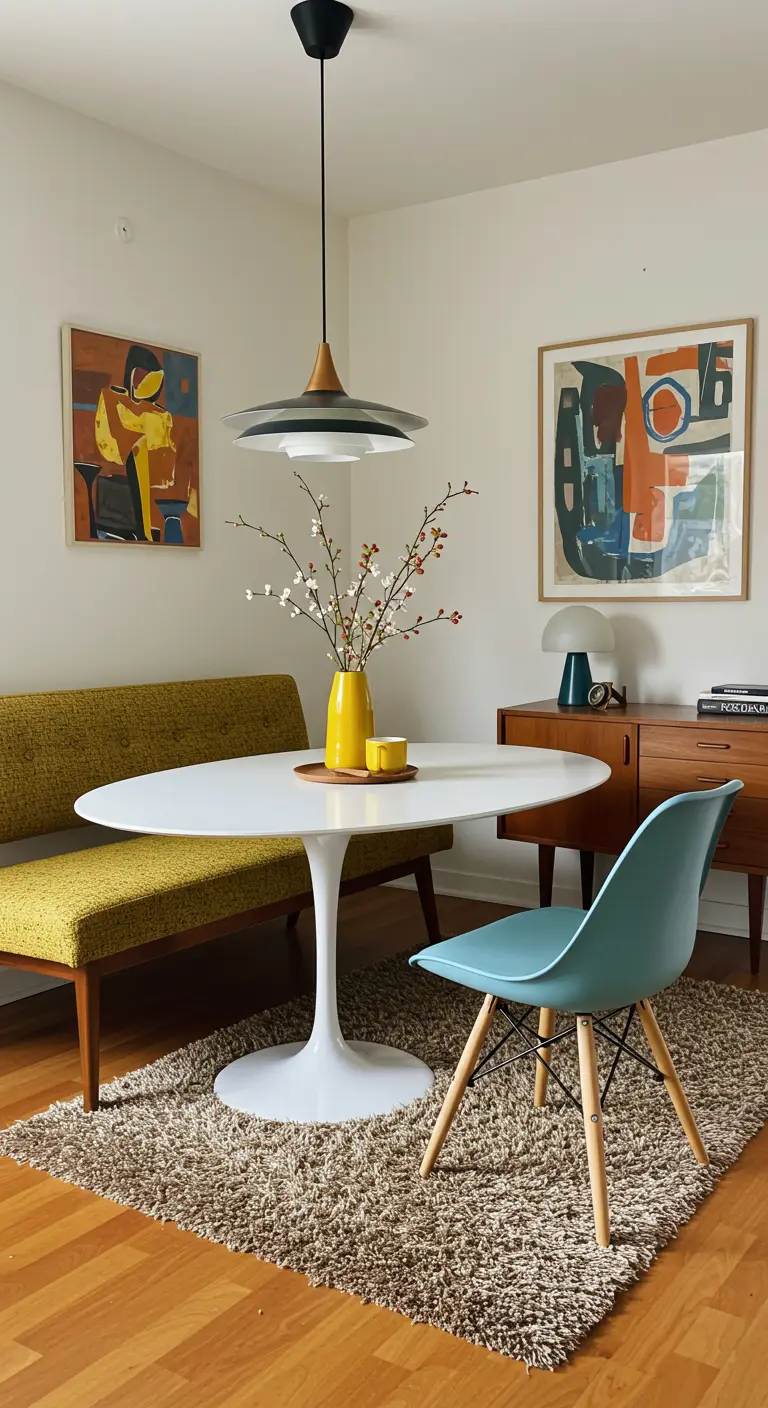Mid-century moderne eethoek met gele bank, witte tulpentafel en kleurrijke kunst.