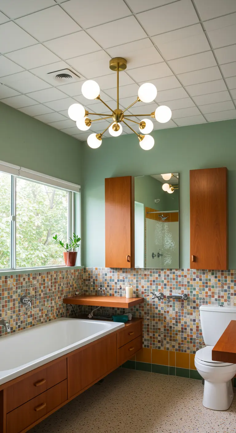 Mid-Century Modern badkamer met mozaïektegels en een gouden 'Sputnik' kroonluchter.