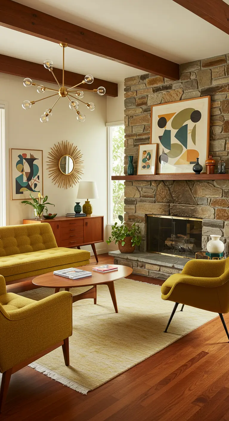 Mid-Century Modern woonkamer met stenen schouw en gele fauteuils.