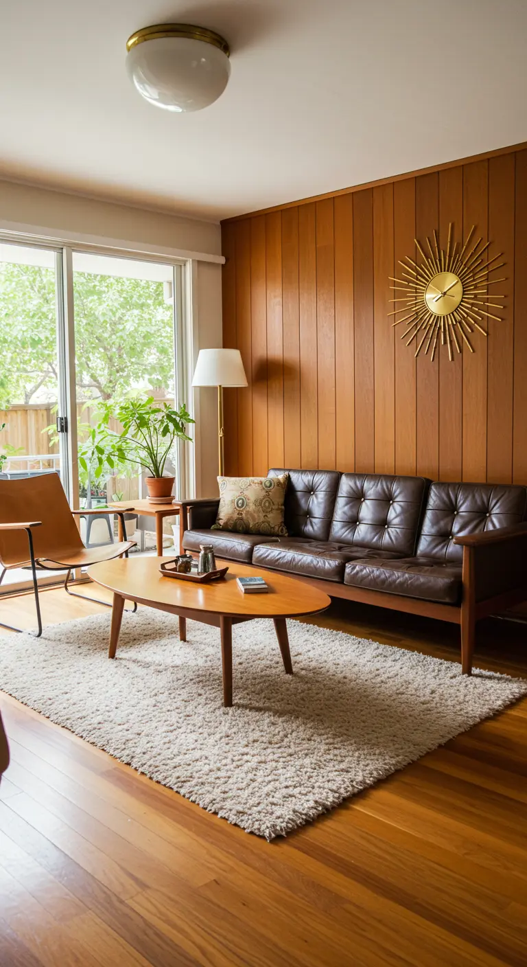 Mid-Century woonkamer met houten wandpanelen, een donkerleren bank en een hoogpolig tapijt.