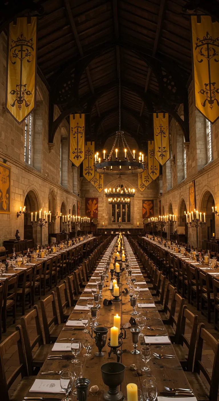 Grote kasteelzaal met lange gedekte tafels en kaarsen.