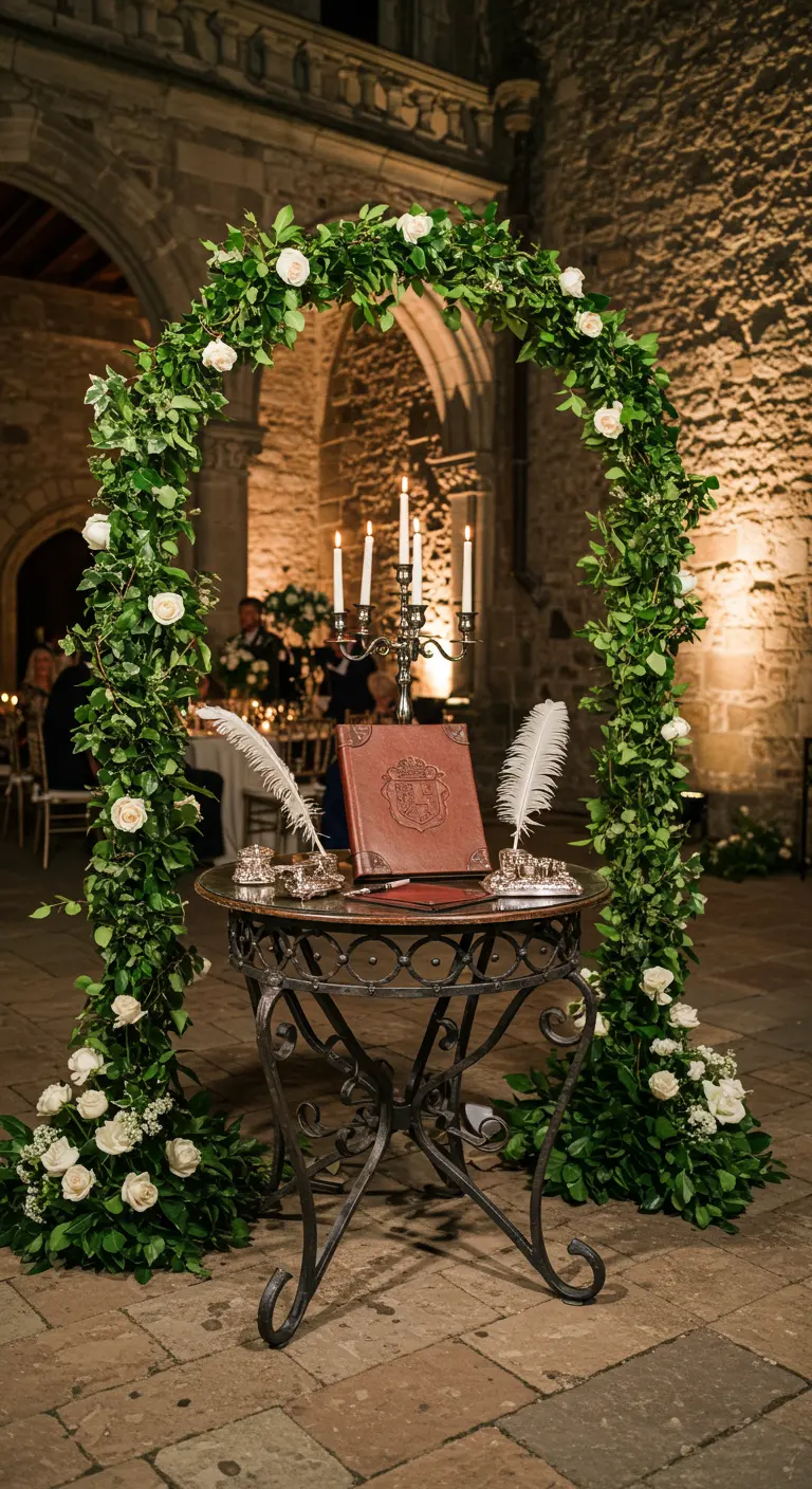 Gastenboektafel onder groene boog met witte rozen, leren boek en veren pennen.