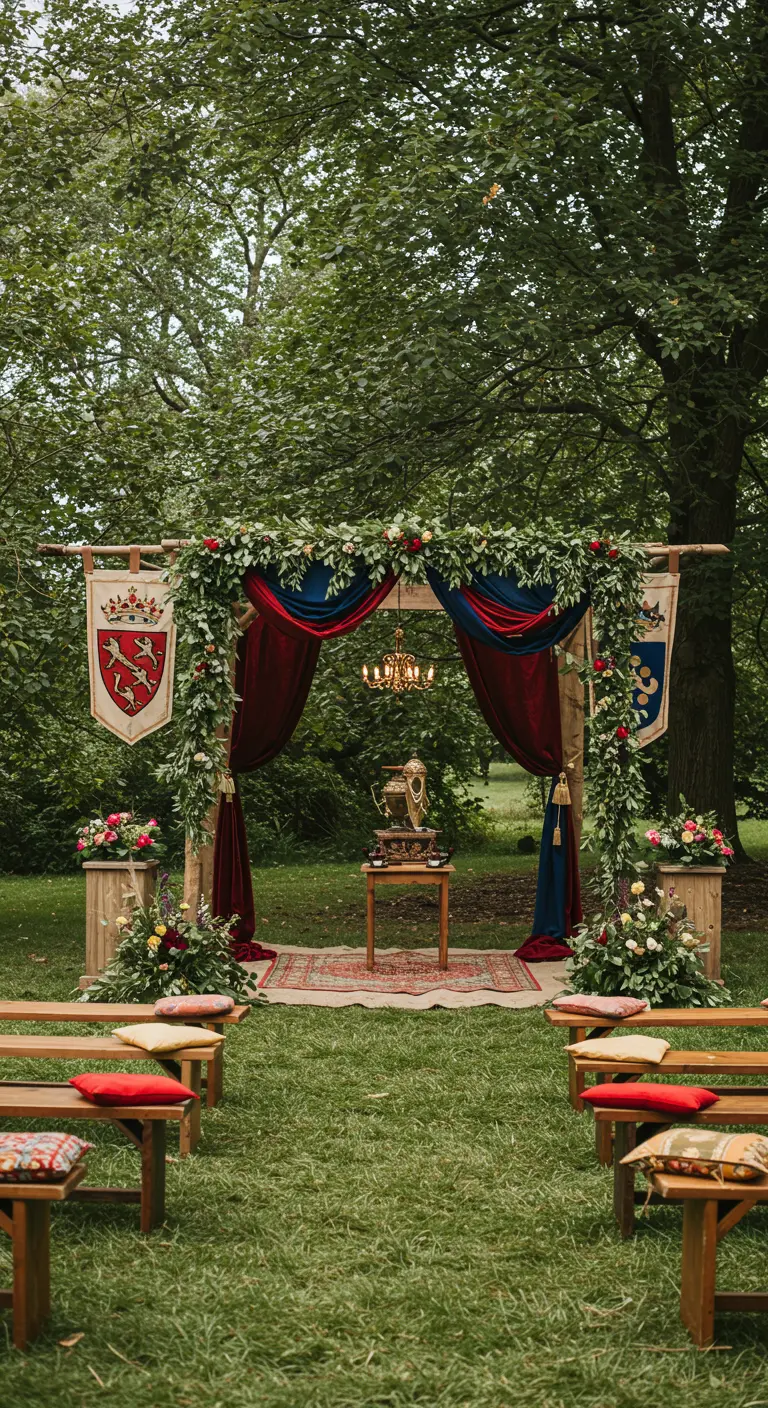 Middeleeuws geïnspireerde ceremonieopstelling met vaandels, velours en een kroonluchter.