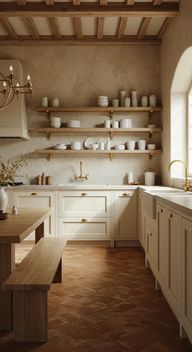 Mediterrane keuken met aardetinten, houten balken, gouden kranen en gouden knoppen.