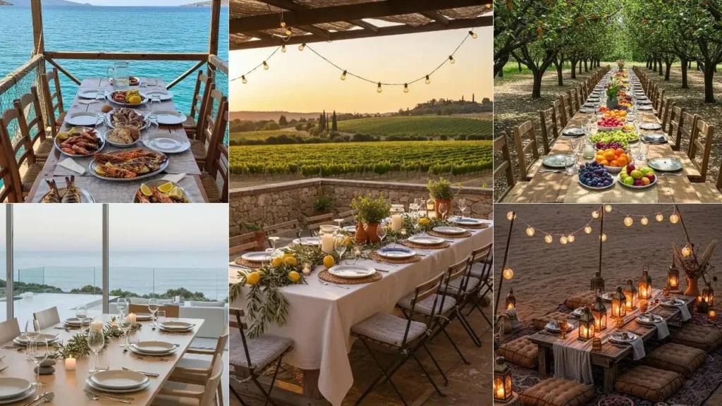 Prachtige tafeldecoraties met mediterrane en zuiderse flair, inclusief tafels aan zee, in wijngaarden en met vers fruit.