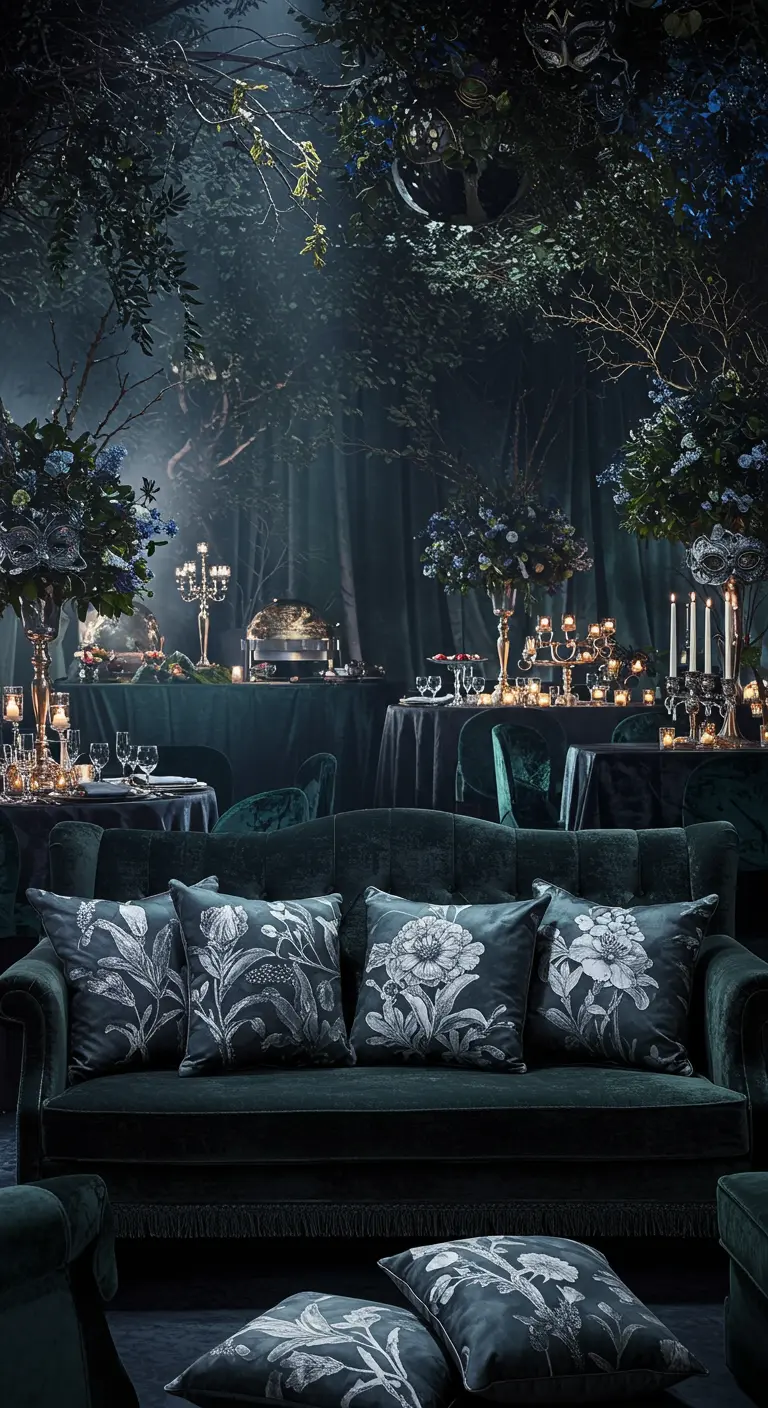 Donkere, sfeervolle lounge met velvet bank, monochrome bloemenprint kussens en veel kaarslicht.