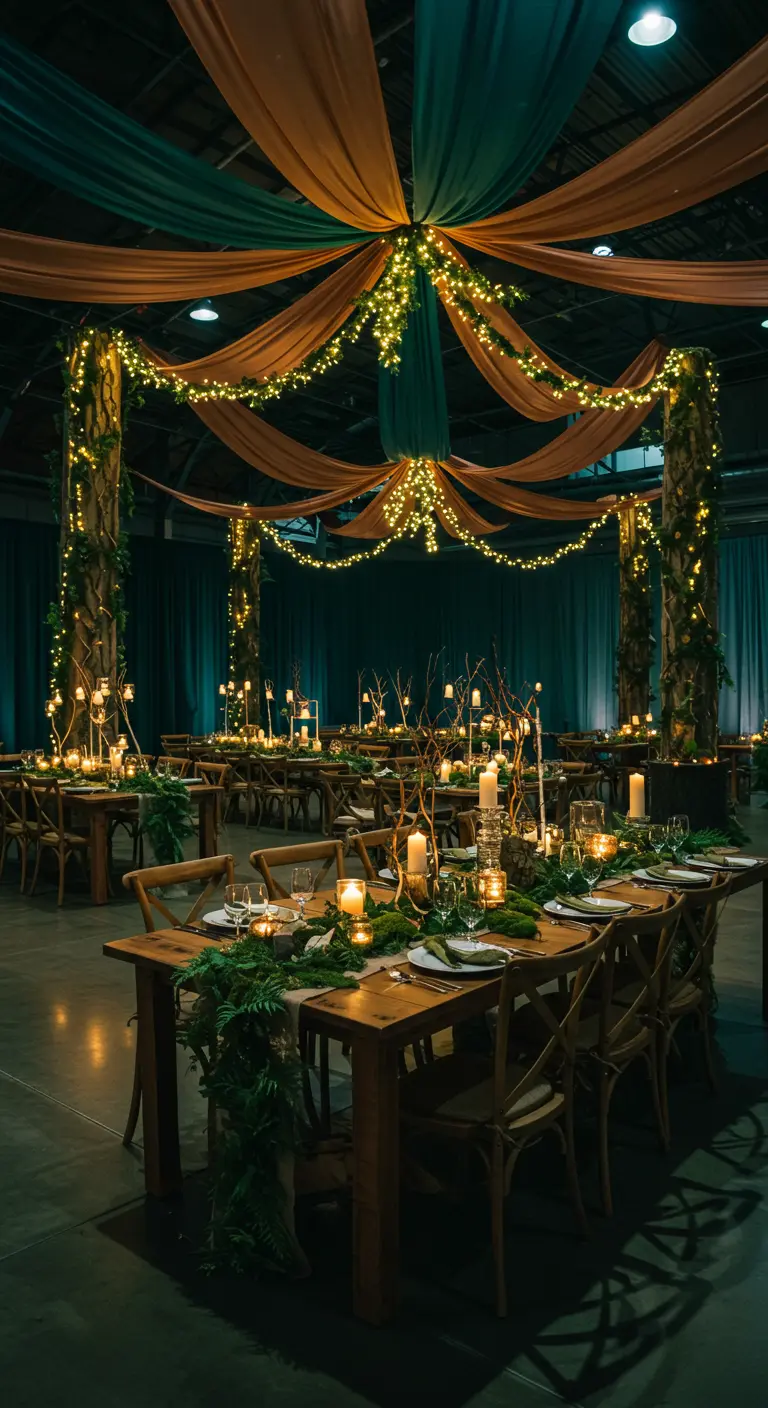 Feestzaal met houten tafels, mosdecoratie, kaarsen en gedrapeerde stoffen met lichtjes aan plafond.