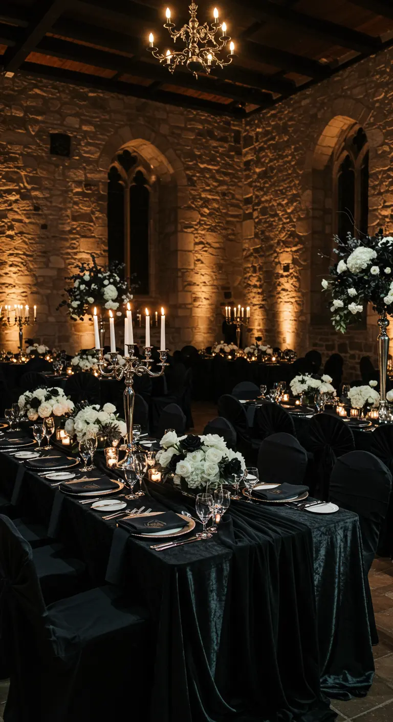 Donkere, luxe zwart-wit tafelsetting met fluweel, kaarslicht en witte bloemen in kasteel.