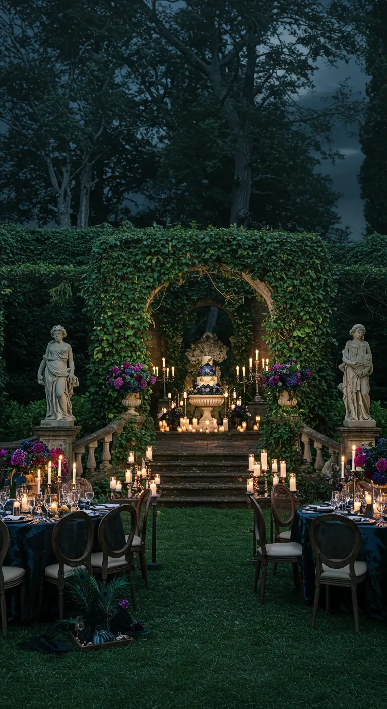 Avondbruiloft in tuin met fontein, veel kaarsen en donkere bloemdecoraties.