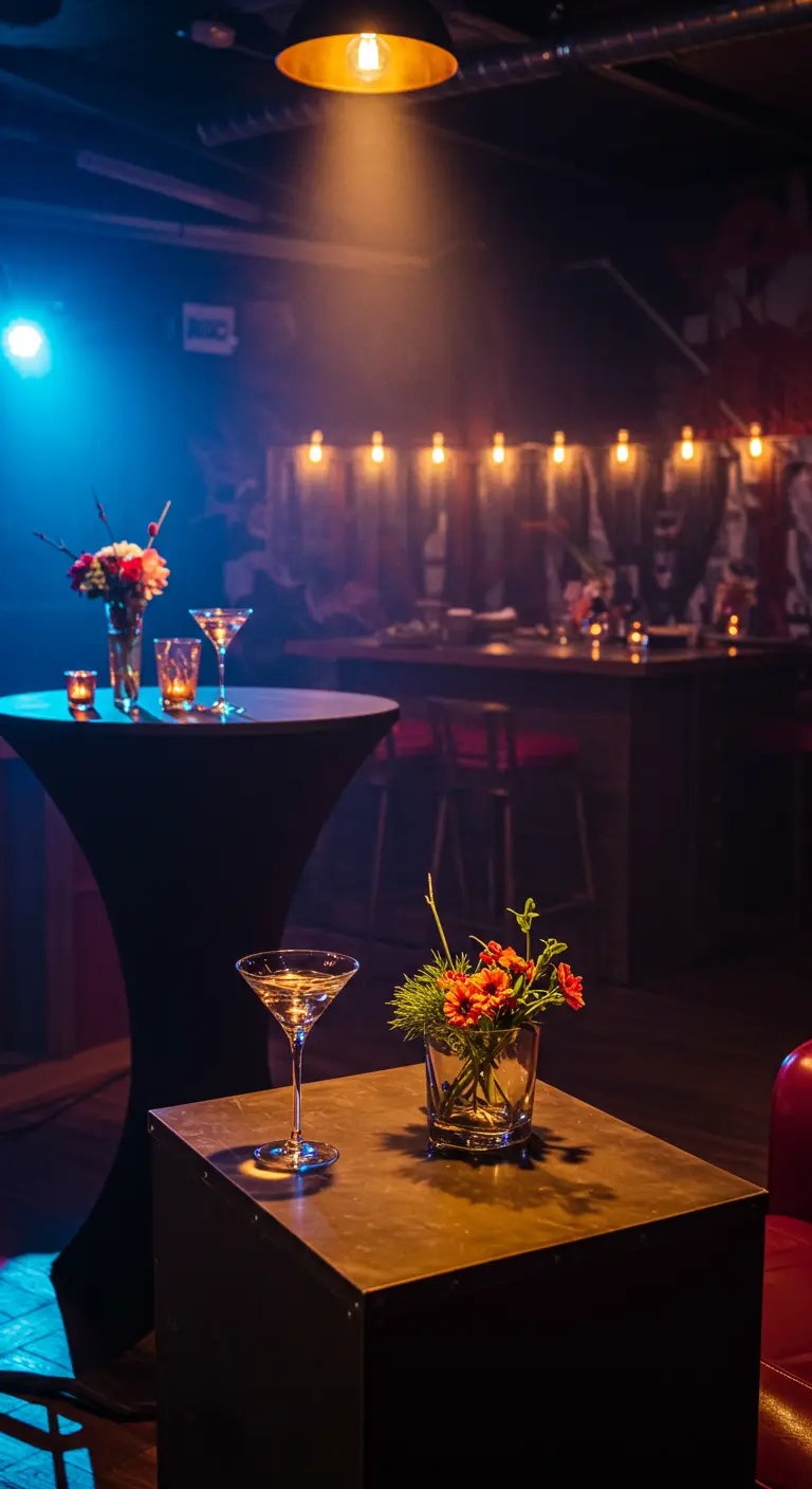 Donkere lounge setting met statafel, martini glazen, kleine bloemstukjes en sfeervolle spotverlichting.