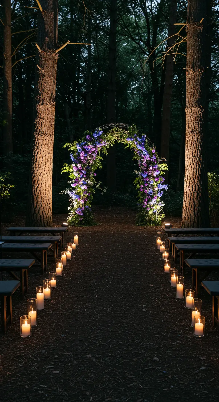 Nachtelijke boscereemonie met verlichte paarsblauwe bloemenboog en kaarsen langs het pad.