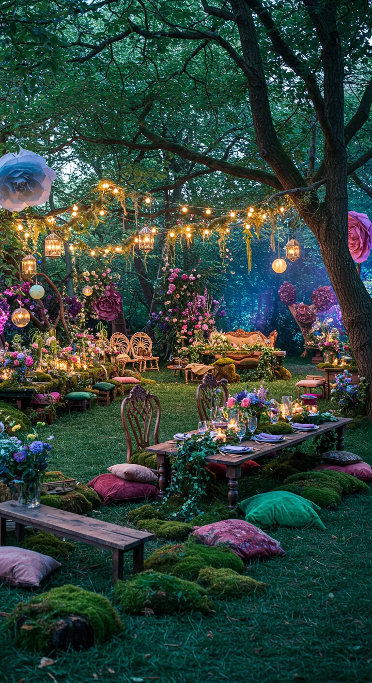 Sprookjesachtige tuinsetting 's nachts met XL papieren bloemen, mos, kussens en veel lichtjes.