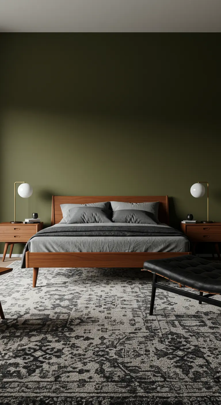 Slaapkamer met olijfgroene muur, walnoothouten bed, grijs beddengoed en abstract vloerkleed.
