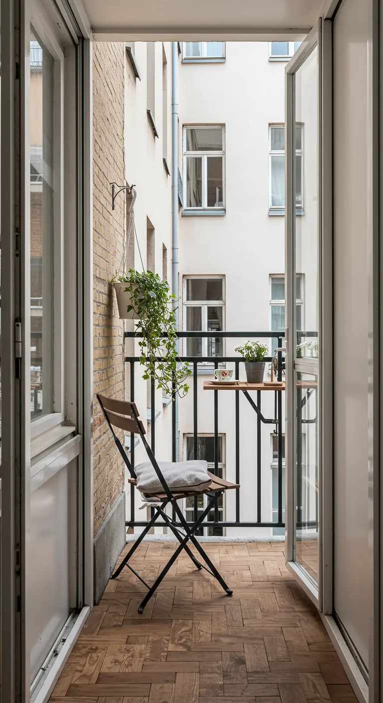 Smalle houten inklapbare schommelstoel op een klein stadsbalkon met hangplanten.