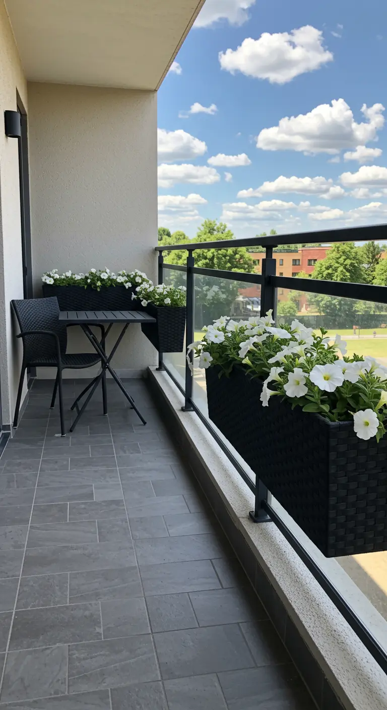 Smal balkon met donkere polyrotan plantenbakken met witte bloemen aan de reling.