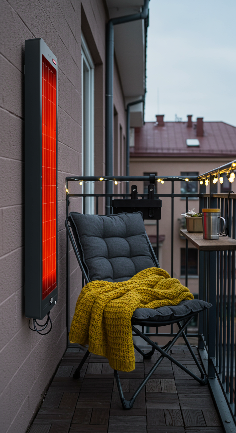 Campingstoel met geel plaid op smal balkon met wandheater, lichtsnoer en bijzettafeltje.