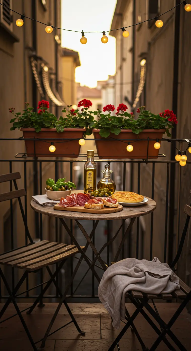 Klein balkon met bistrotafel, antipasti, olijfolieflessen, basilicum en sfeerlichtjes.