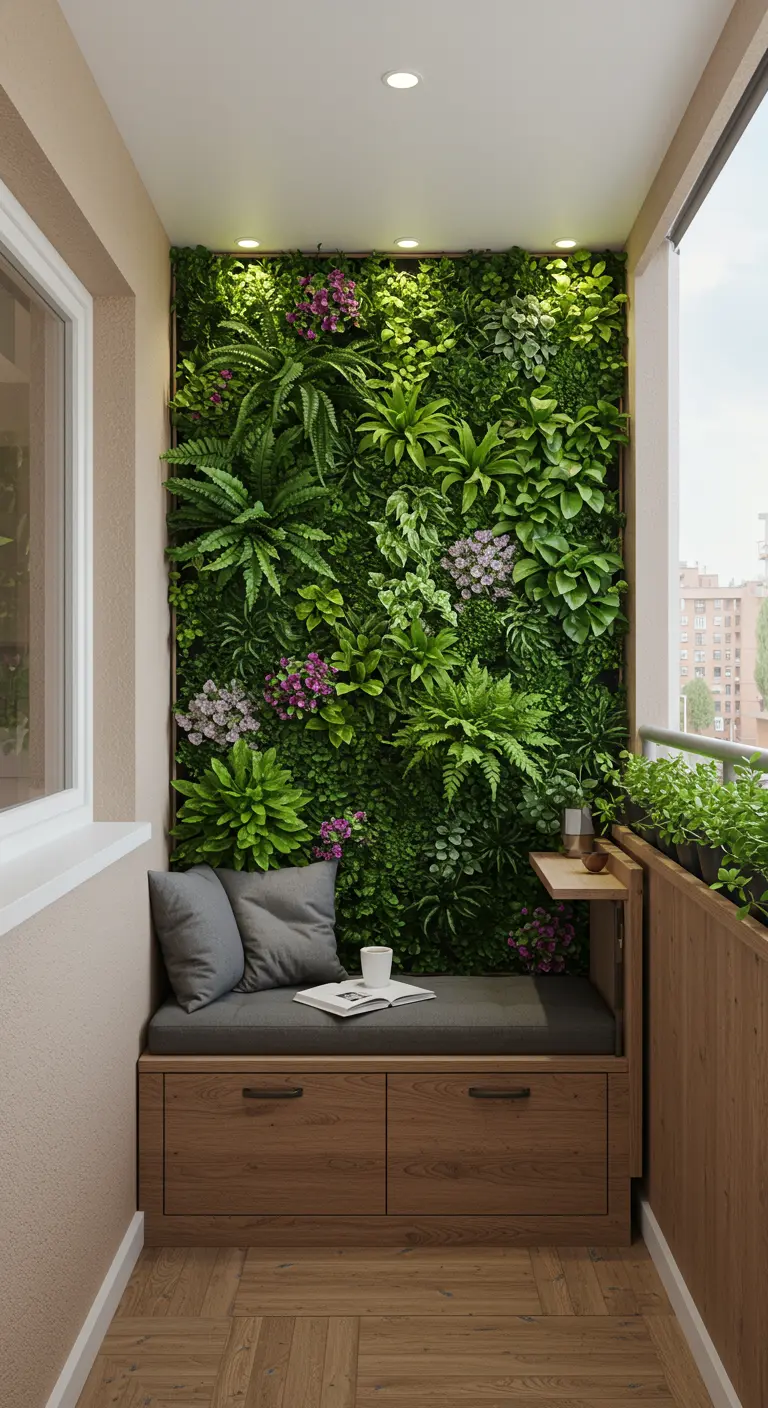Smal balkon met ingebouwd bankje, opberglade en een groene plantenwand.