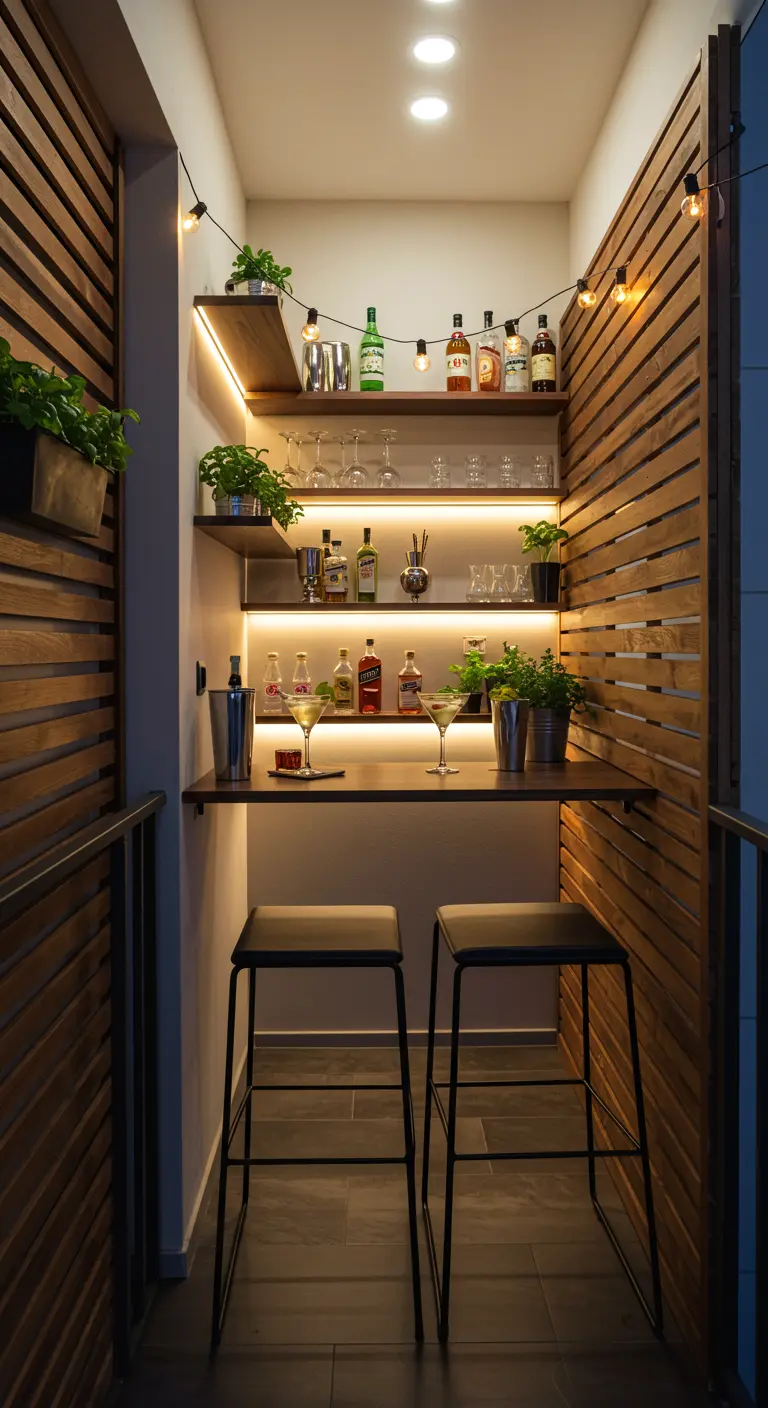 Smal balkon omgebouwd tot een mini-bar met houten wandplanken, barkrukken en sfeerverlichting.