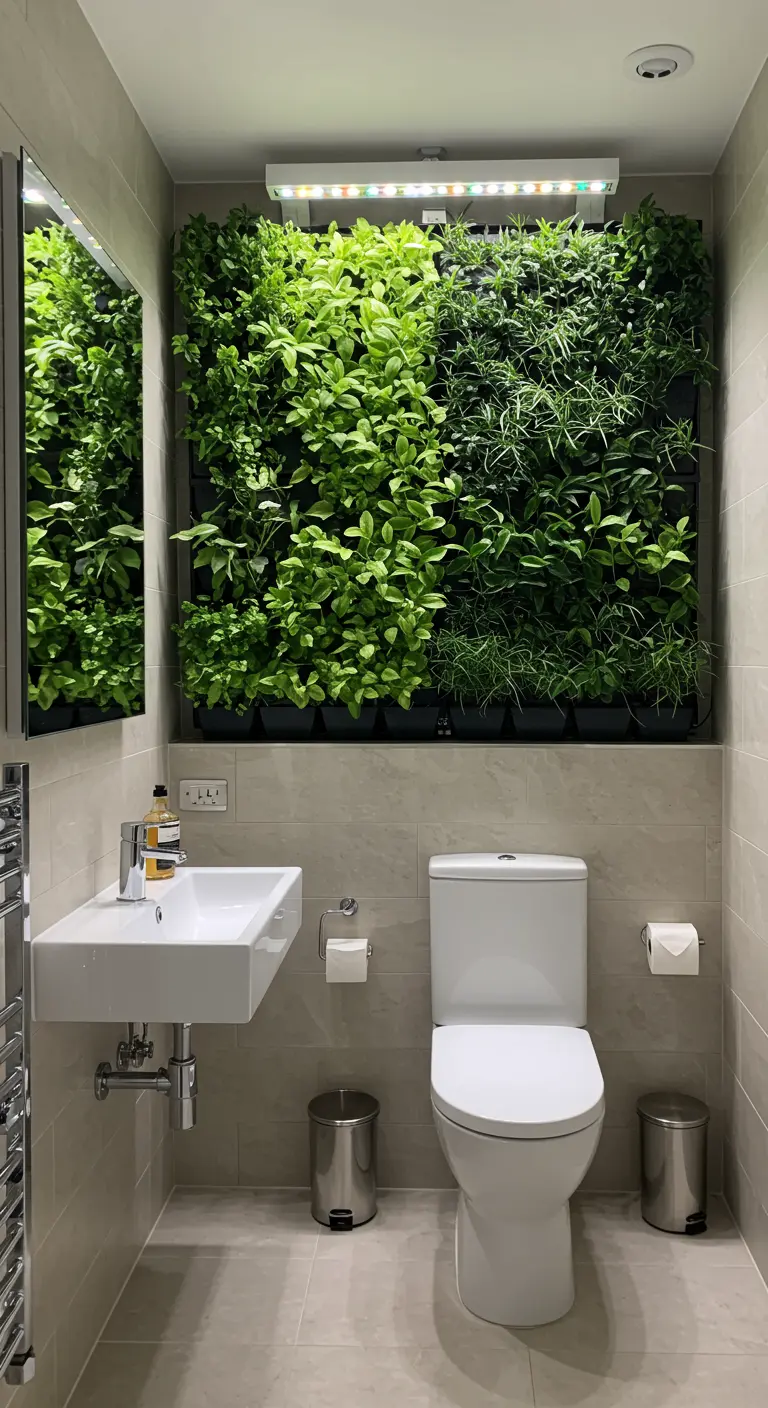 Kleine toiletruimte met een grote verticale plantenwand achter het toilet.