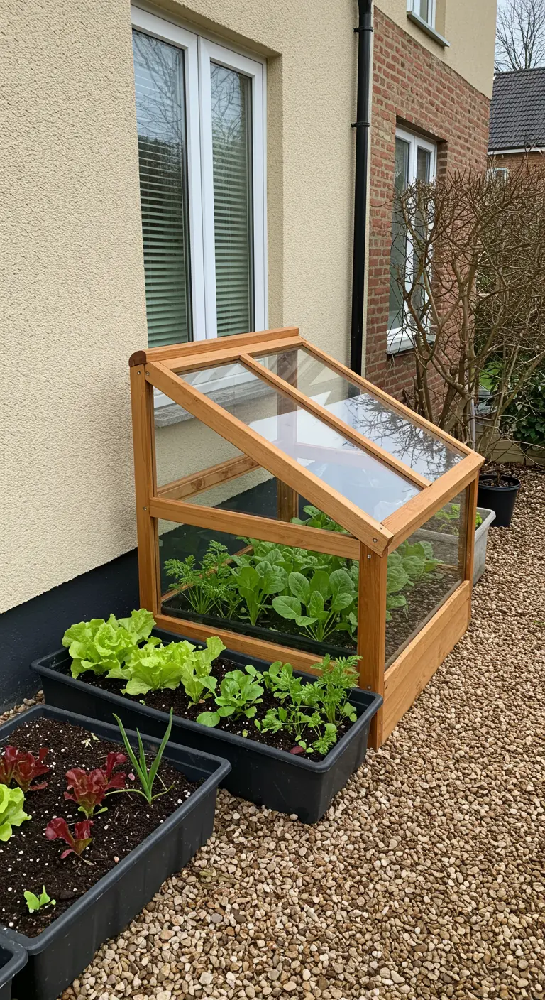 Houten mini-kas met glazen deksel, gevuld met jonge groenteplantjes, naast andere plantenbakken.