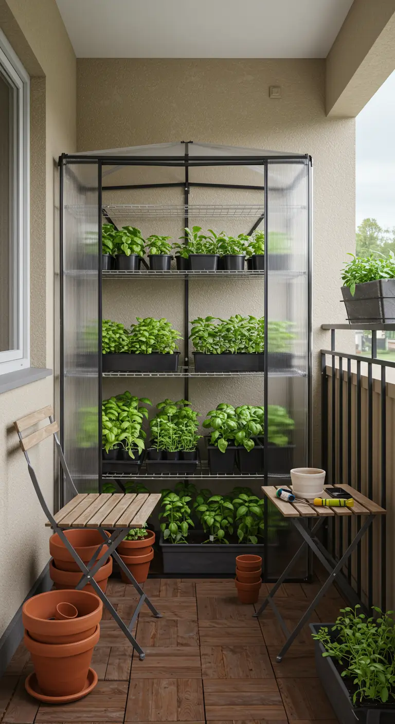 Klein balkon met een mini-kas vol kruidenplantjes en een inklapbare houten tafel en stoel.