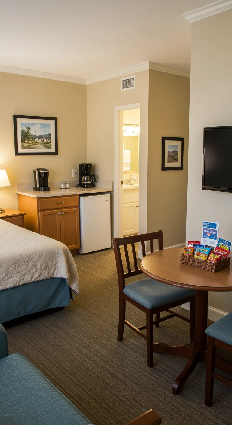 Compacte logeerkamer in motel-stijl met kitchenette en klein eettafeltje.