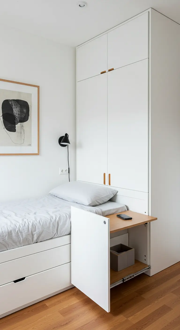 Compacte witte slaapkamer met bed met lades en klein uitklapbaar wandbureau.