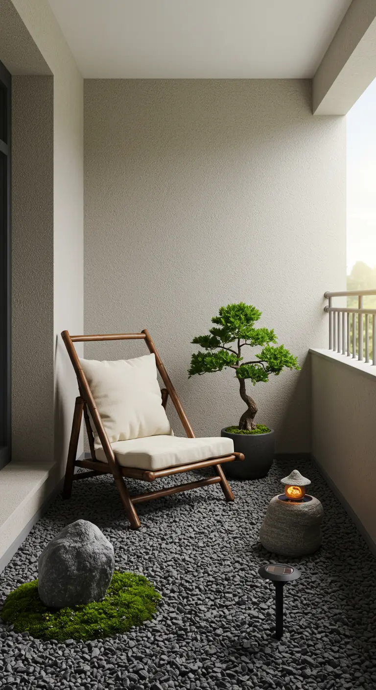 Klein balkon met Japanse tuininrichting: grind, bonsai, houten stoel en stenen lantaarn.