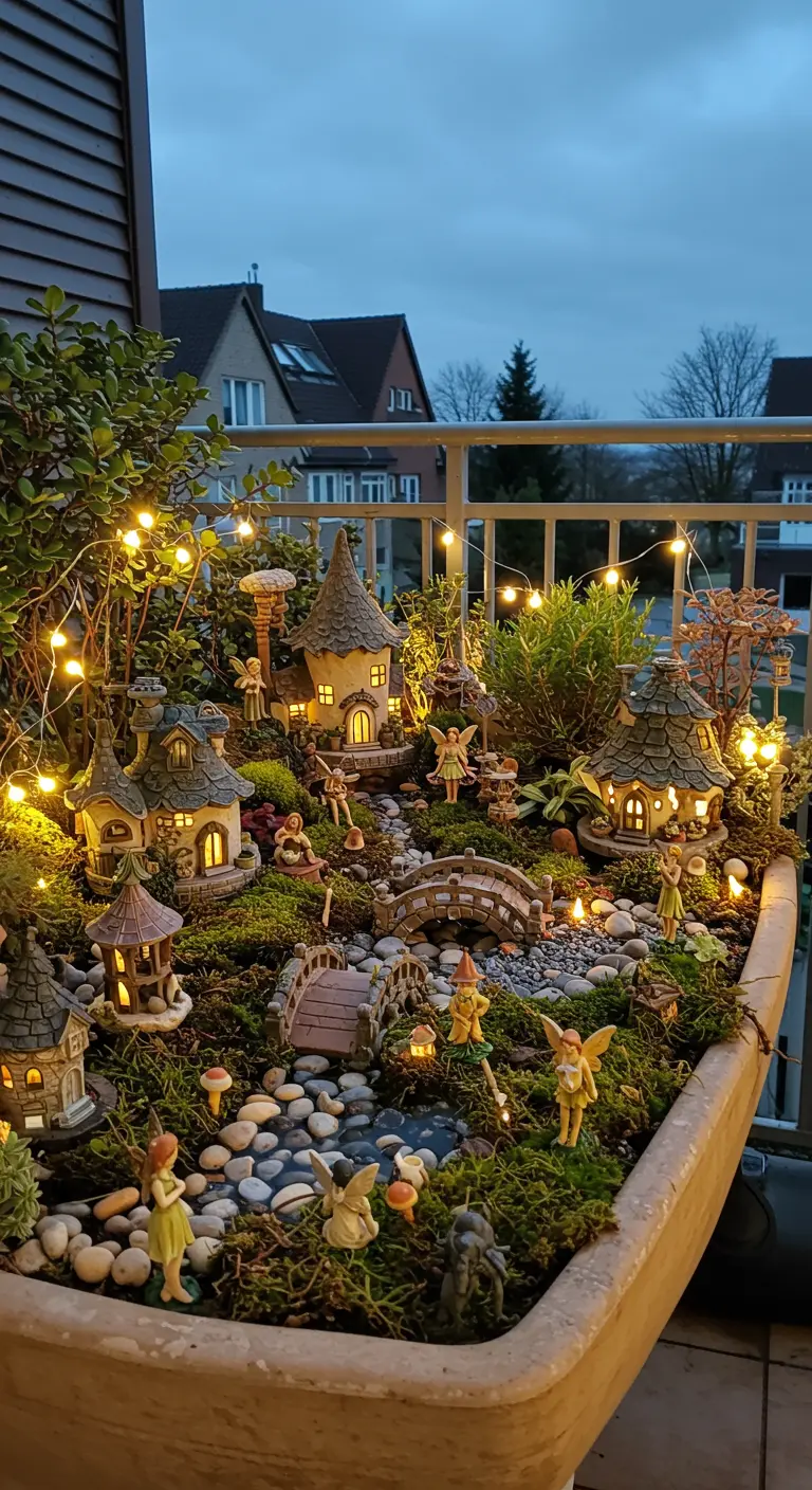 Grote plantenbak omgetoverd tot een miniatuur elfendorp met huisjes, elfjes en lichtjes.