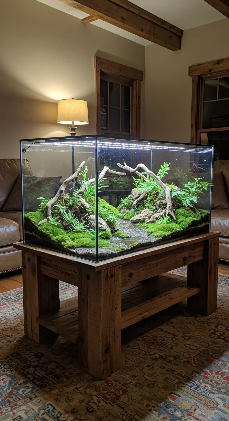 Glazen terrarium met miniatuur landschap van mos en planten op houten tafel.