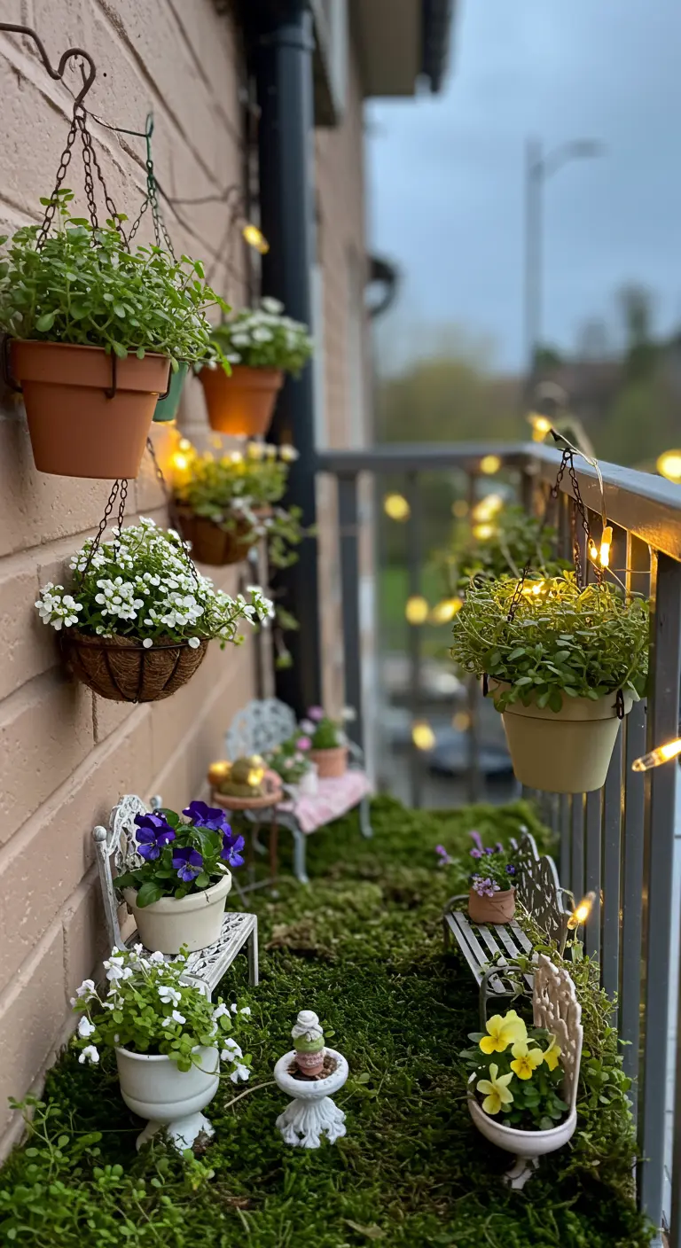 Balkon met kleine hangpotjes, miniatuurmeubels en lichtslingers, als een sprookjestuin.