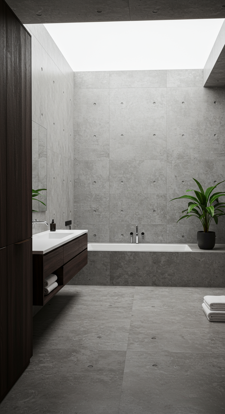 Minimalistische badkamer met betonlook muren en dakraam.