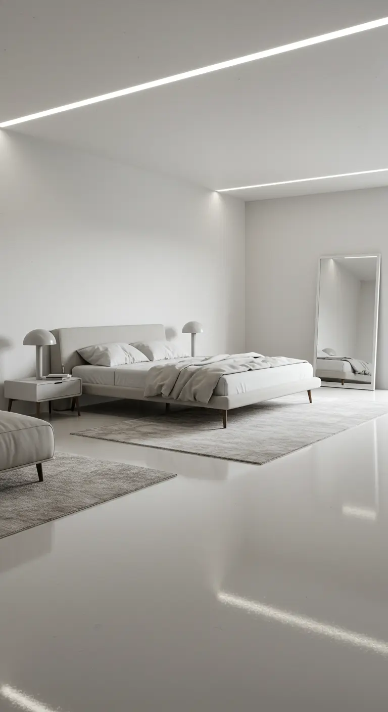 Ultra-minimalistische witte slaapkamer met strakke lichtlijnen en een grote passpiegel.