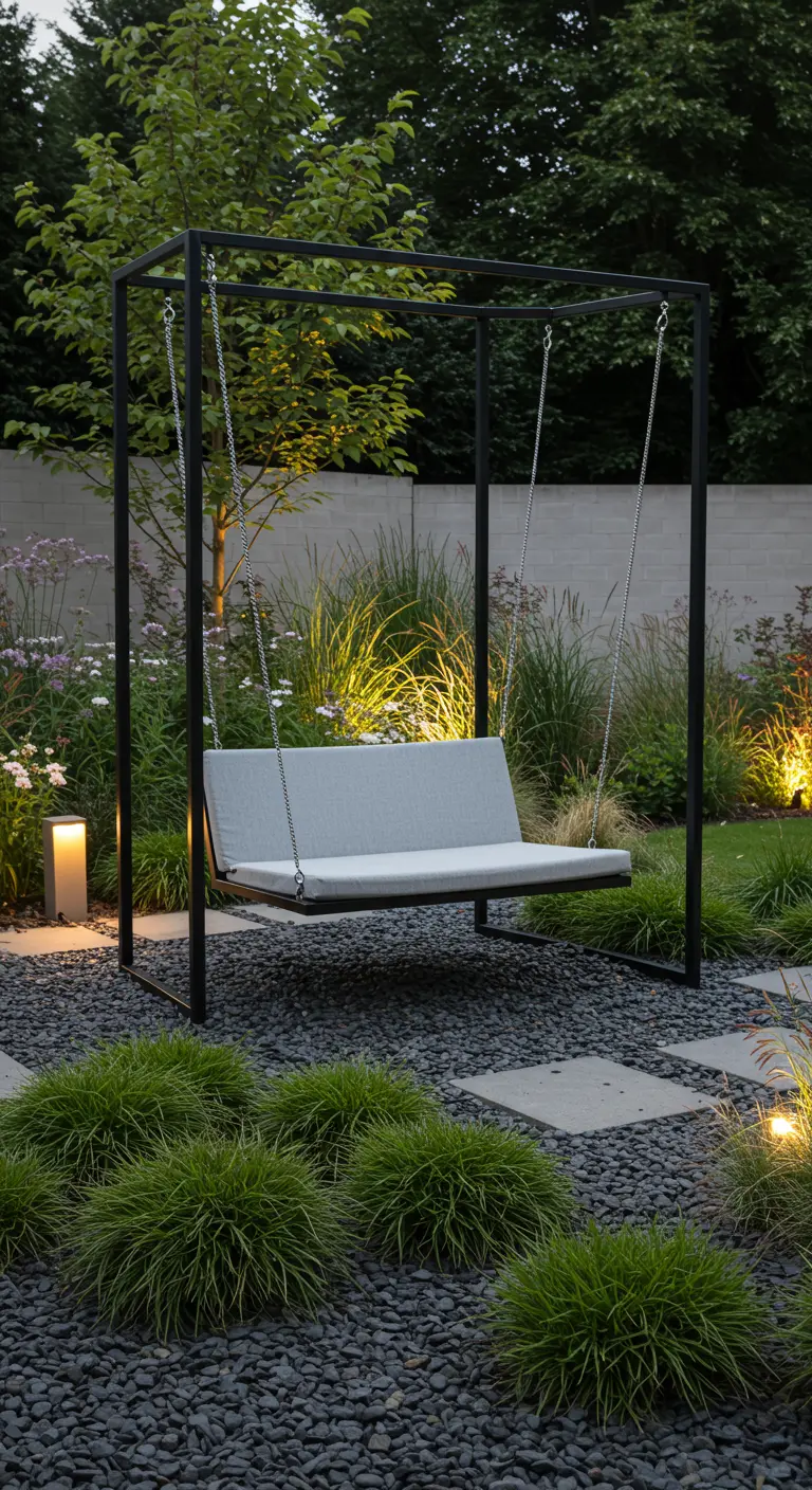 Moderne lichtgrijze schommelbank in een strak zwart metalen frame in een tuin bij schemering.