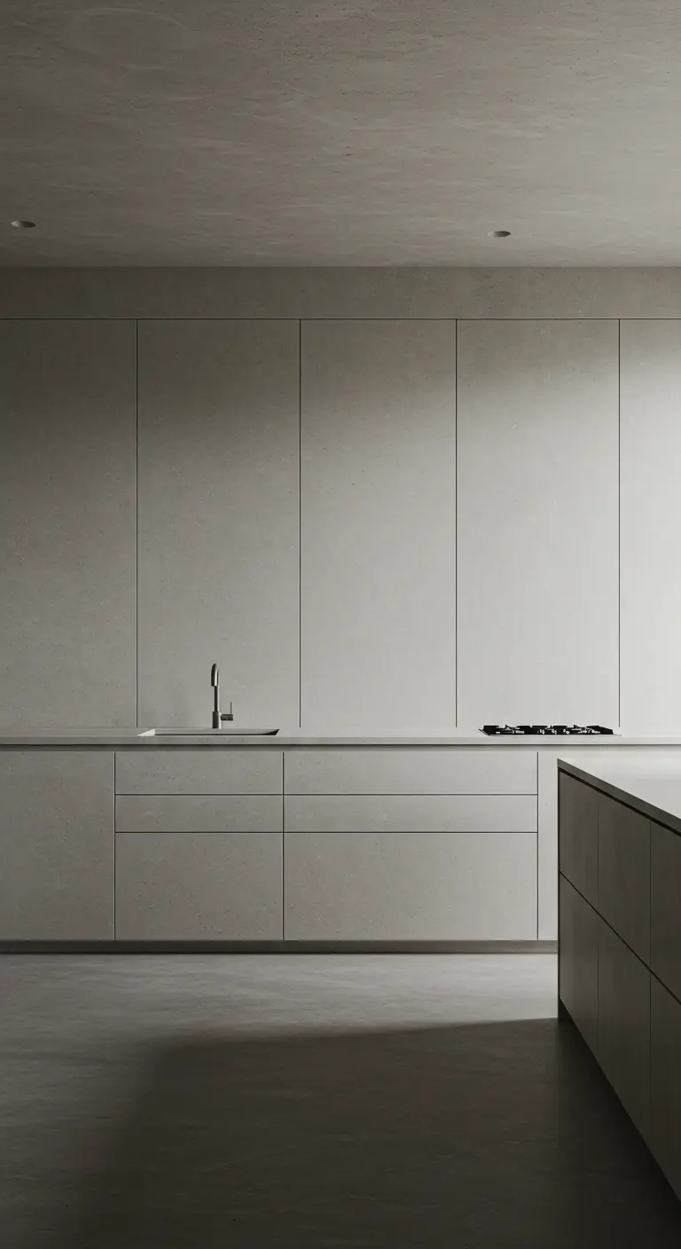 Extreem minimalistische keuken waarbij muren en kasten een naadloos geheel vormen in een zandkleur.
