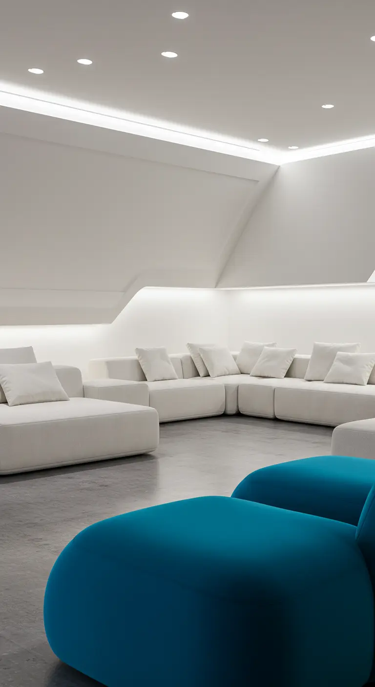 Minimalistische witte woonkamer met grote ronde turquoise fluwelen poefs.