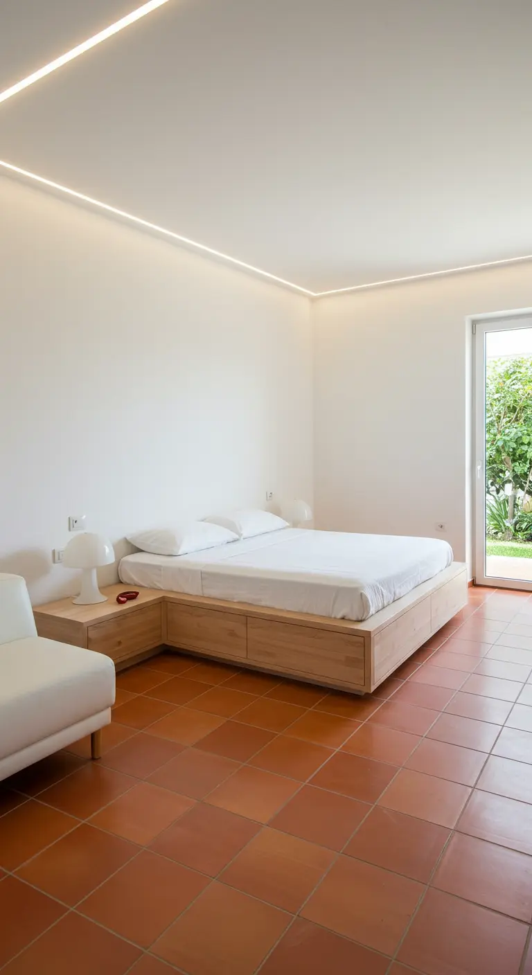 Moderne minimalistische slaapkamer met LED lijnverlichting, laag bed en glazen schuifdeuren.