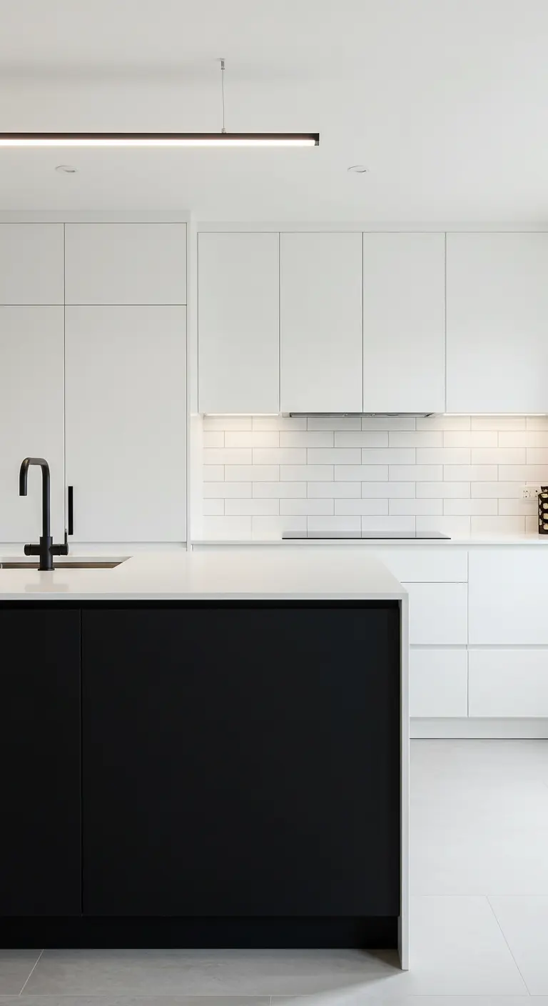 Minimalistische keuken met wit interieur en een strak zwart kookeiland met zwarte lineaire lamp.