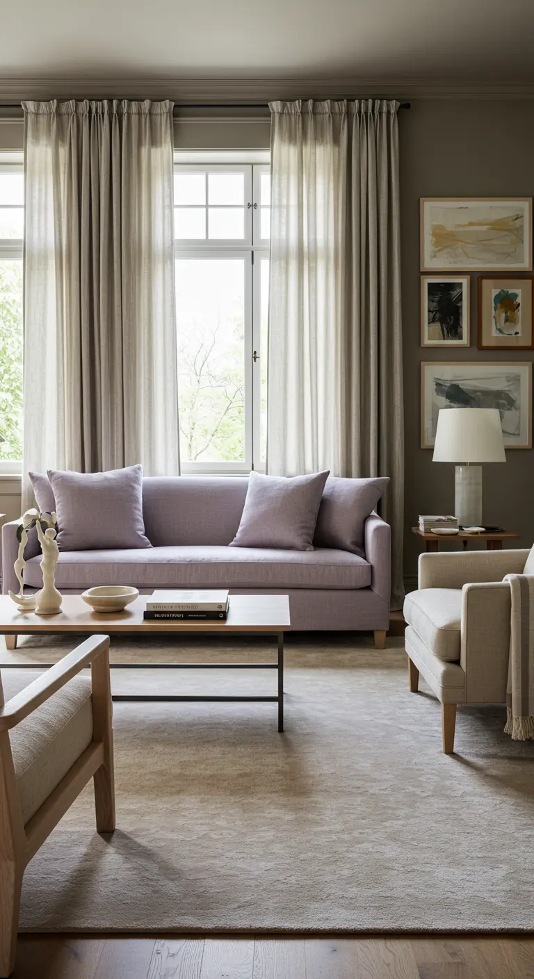 Minimalistische woonkamer met lavendel bank, beige stoelen, linnen gordijnen, houten vloer.