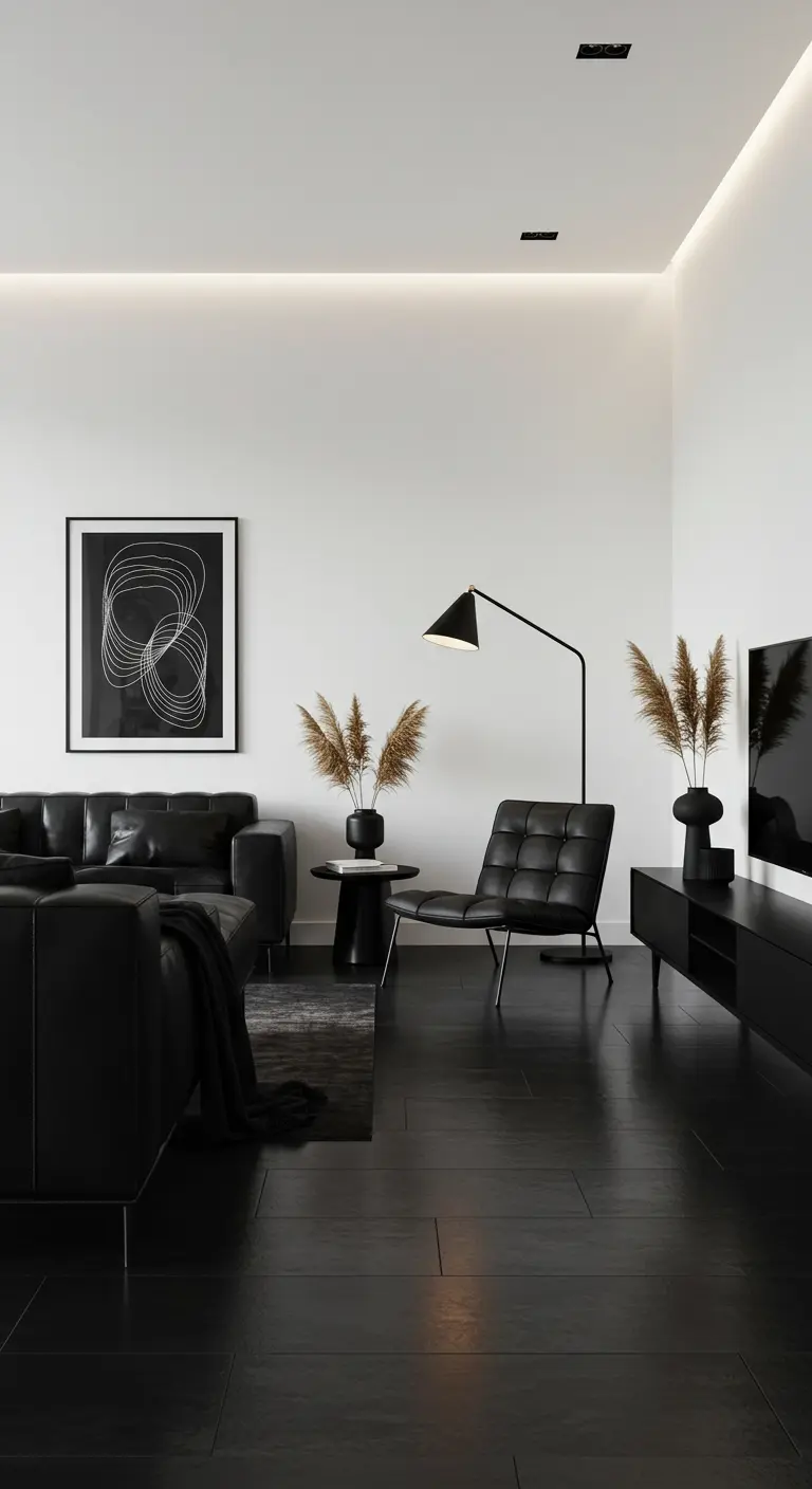 Minimalistische zwart-witte woonkamer met zwarte vloer, witte muren en leren meubels.