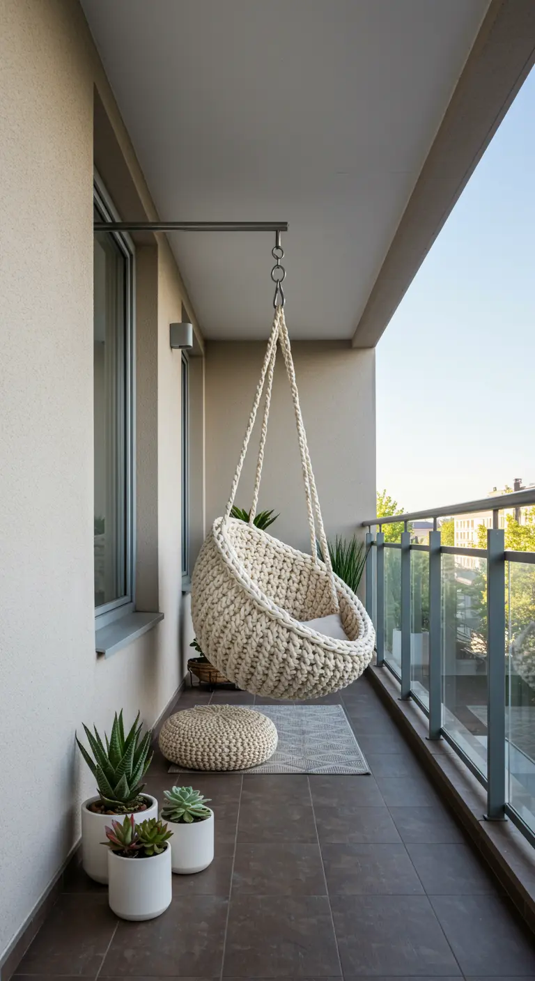 Witte macramé hangstoel aan een muurbeugel op een minimalistisch balkon.