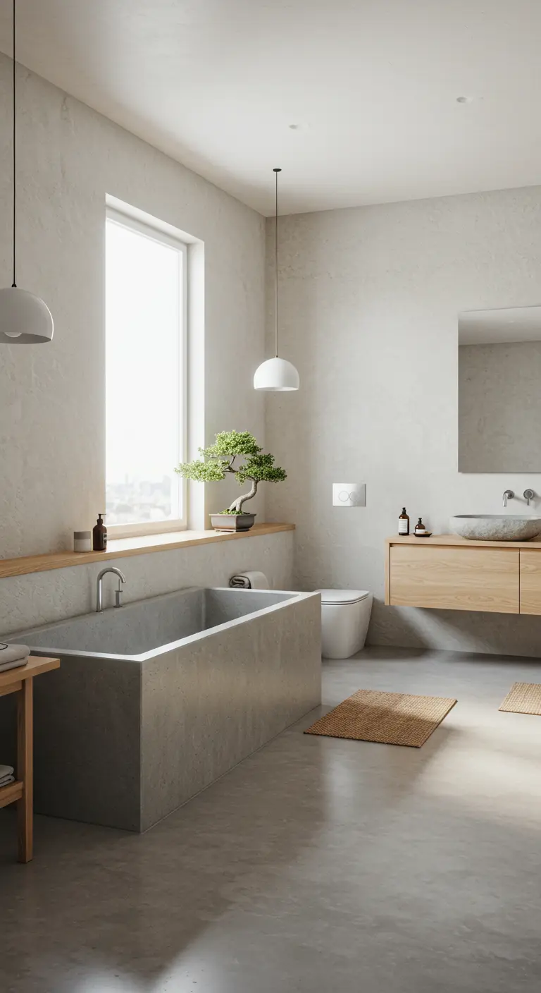 Lichte wabi-sabi badkamer met betonnen bad, houten meubel en een bonsai bij het raam.