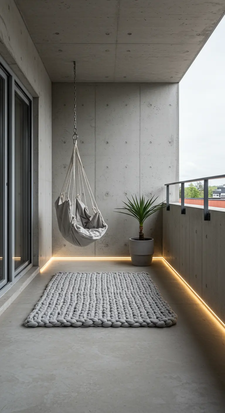 Grijze hangstoel op minimalistisch betonnen balkon met een dik gebreid wollen kleed.