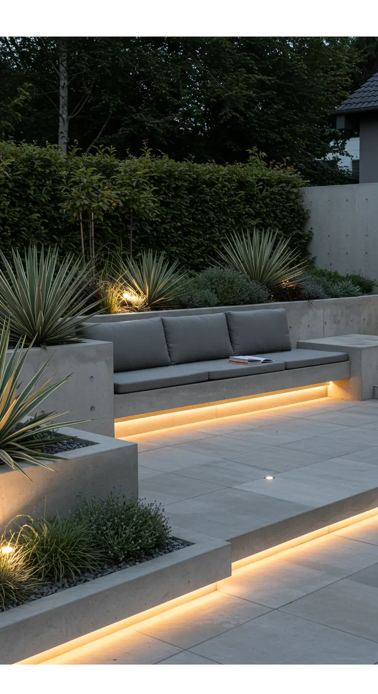 Moderne tuin met betonnen bank, LED-verlichting en strakke beplanting.